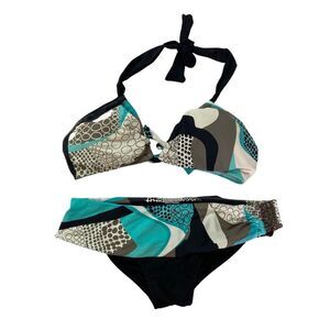 Tarra Grinna Women's Bikini Set Sz 8 D Multi Color‎ Halter Black Blue Swimsuit